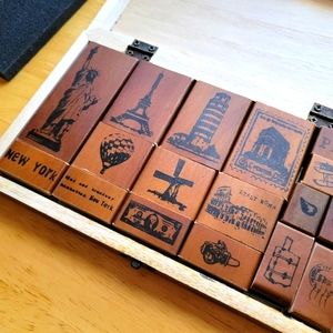 Vintage Stamp Set with Wooden Box